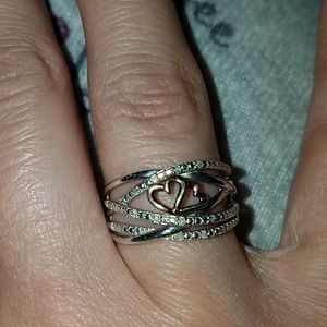 Sterling silver ring with 2 rose gold  hearts
